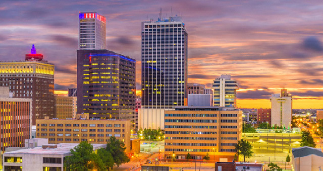 Tulsa's downtown skyline at sunset