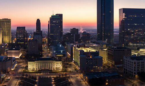 A photo of the night skyline of downtown Tulsa