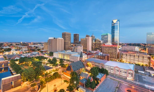An photo of the skyline of downtown Oklahoma City at dus